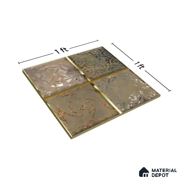 Metallic Wall Tile TL 07236 Rustic Gold 1 ft x 1 ft Ceramic Glossy Finish - 9 mm  | 2 mm Spacer is Mandatory | Suitable For Bathroom, Kitchen, Dining Area | Please Expect a Slight Variation of Pattern (Sample)